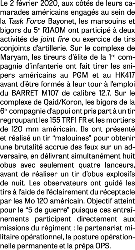 Le 2 février 2020, aux côtés de leurs camarades américains engagés au sein de la Task Force Bayonet, les marsouins et   