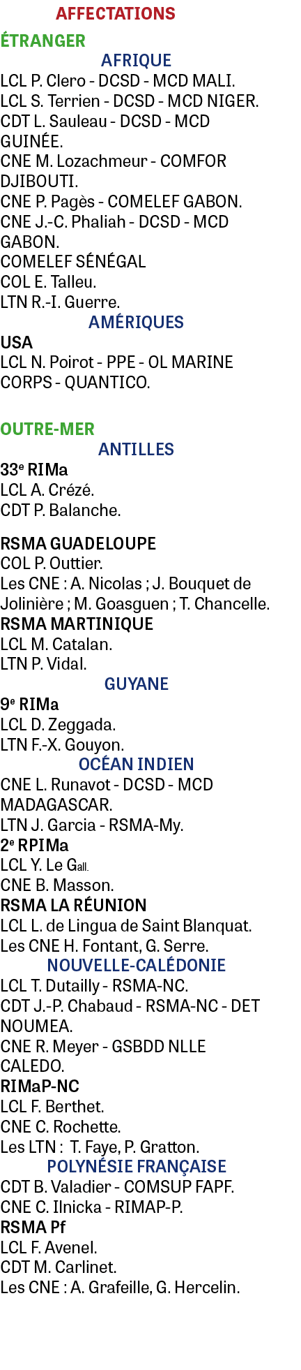 Affectations Étranger AFRIQUE LCL P  Clero - DCSD - MCD MALI  LCL S  Terrien - DCSD - MCD NIGER  CDT L  Sauleau - DCS   