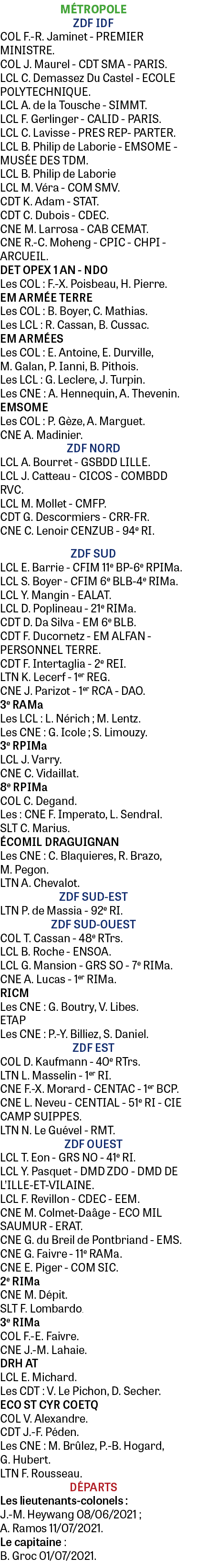 Métropole ZDF IDF COL F -R  Jaminet - PREMIER MINISTRE  COL J  Maurel - CDT SMA - PARIS  LCL C  Demassez Du Castel -    