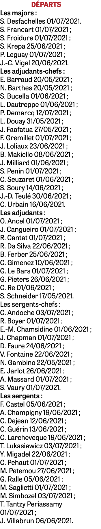 Départs Les majors : S  Desfachelles 01 07 2021  S  Francart 01 07 2021 ; S  Froidure 01 07 2021 ; S  Krepa 25 06 202   