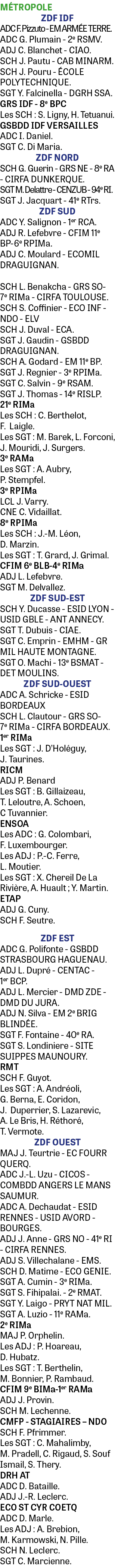 Métropole ZDF IDF ADC F  Pizzuto - EM ARMÉE TERRE  ADC G  Plumain - 2e RSMV  ADJ C  Blanchet - CIAO  SCH J  Pautu - C   