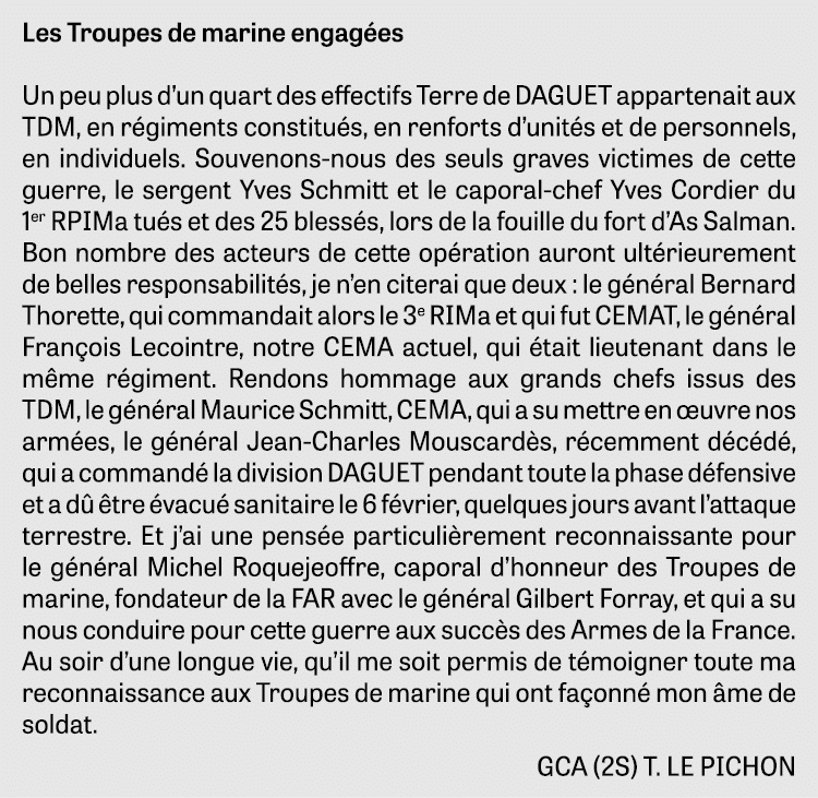 Les Troupes de marine engagées Un peu plus d un quart des effectifs Terre de DAGUET appartenait aux TDM, en régiments   