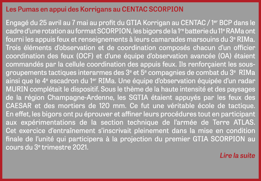 Les Pumas en appui des Korrigans au CENTAC SCORPION Engagé du 25 avril au 7 mai au profit du GTIA Korrigan au CENTAC    