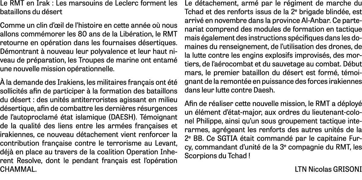 Le RMT en Irak : Les marsouins de Leclerc forment les bataillons du d sert Comme un clin d’ il de l’histoire en cette...