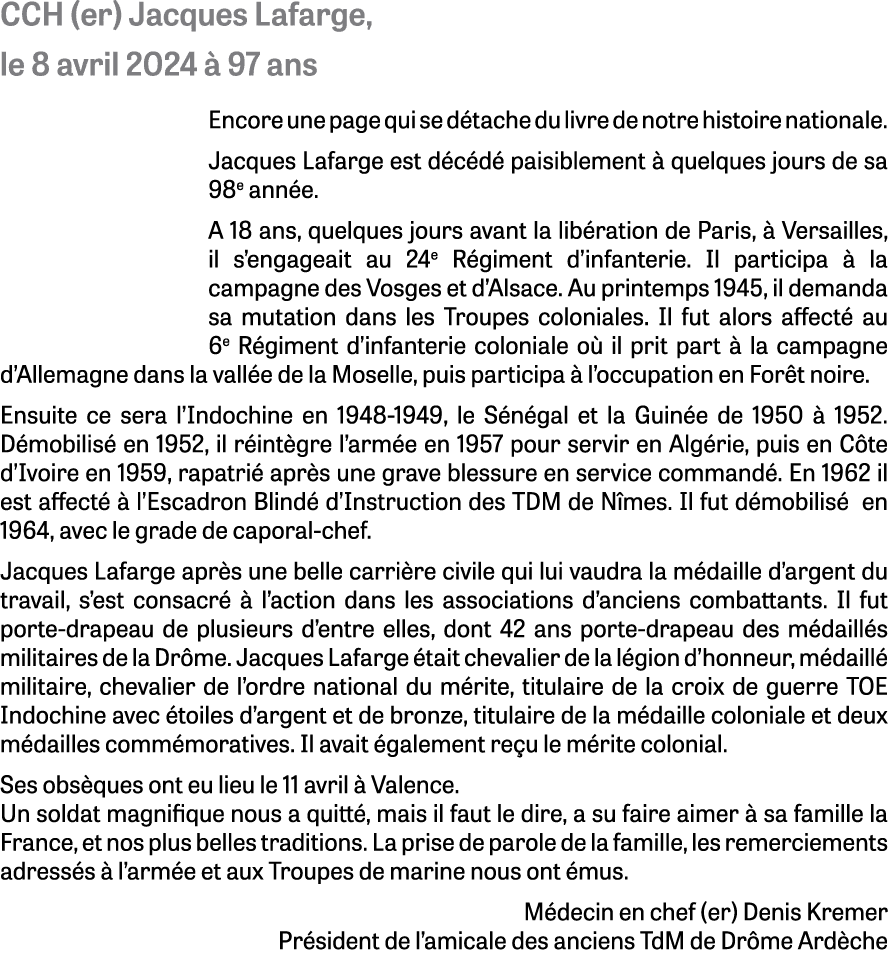 CCH (er) Jacques Lafarge, le 8 avril 2024  97 ans Encore une page qui se d tache du livre de notre histoire national...