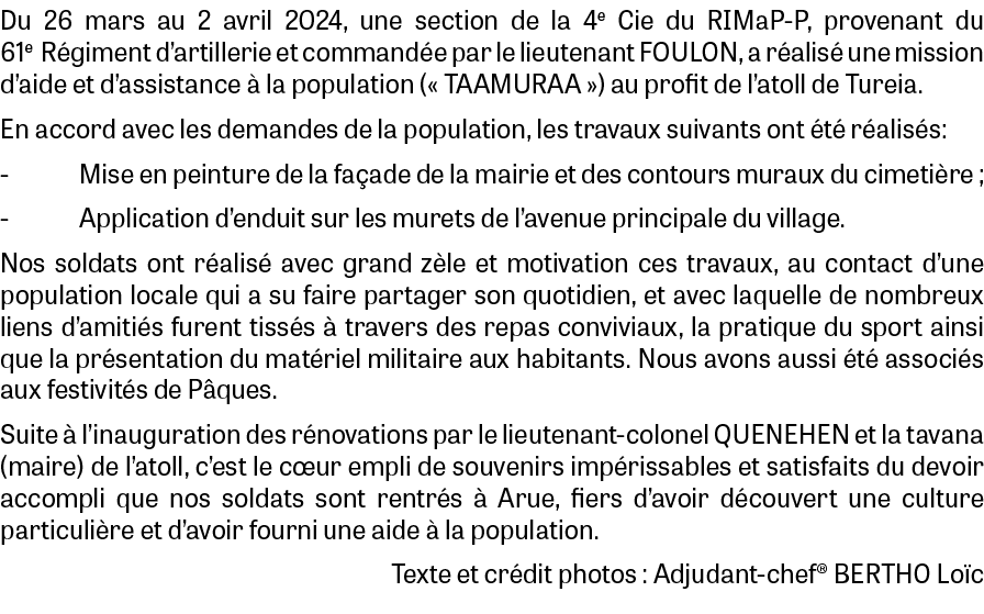 Du 26 mars au 2 avril 2024, une section de la 4e Cie du RIMaP-P, provenant du 61e  R giment d’artillerie et command e...