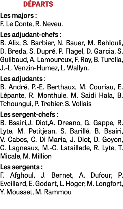 D PARTS Les majors : F. Le Conte, R. Neveu. Les adjudant-chefs : B. Alix, S. Barbier, N. Bauer, M. Behlouli, D. Breda...