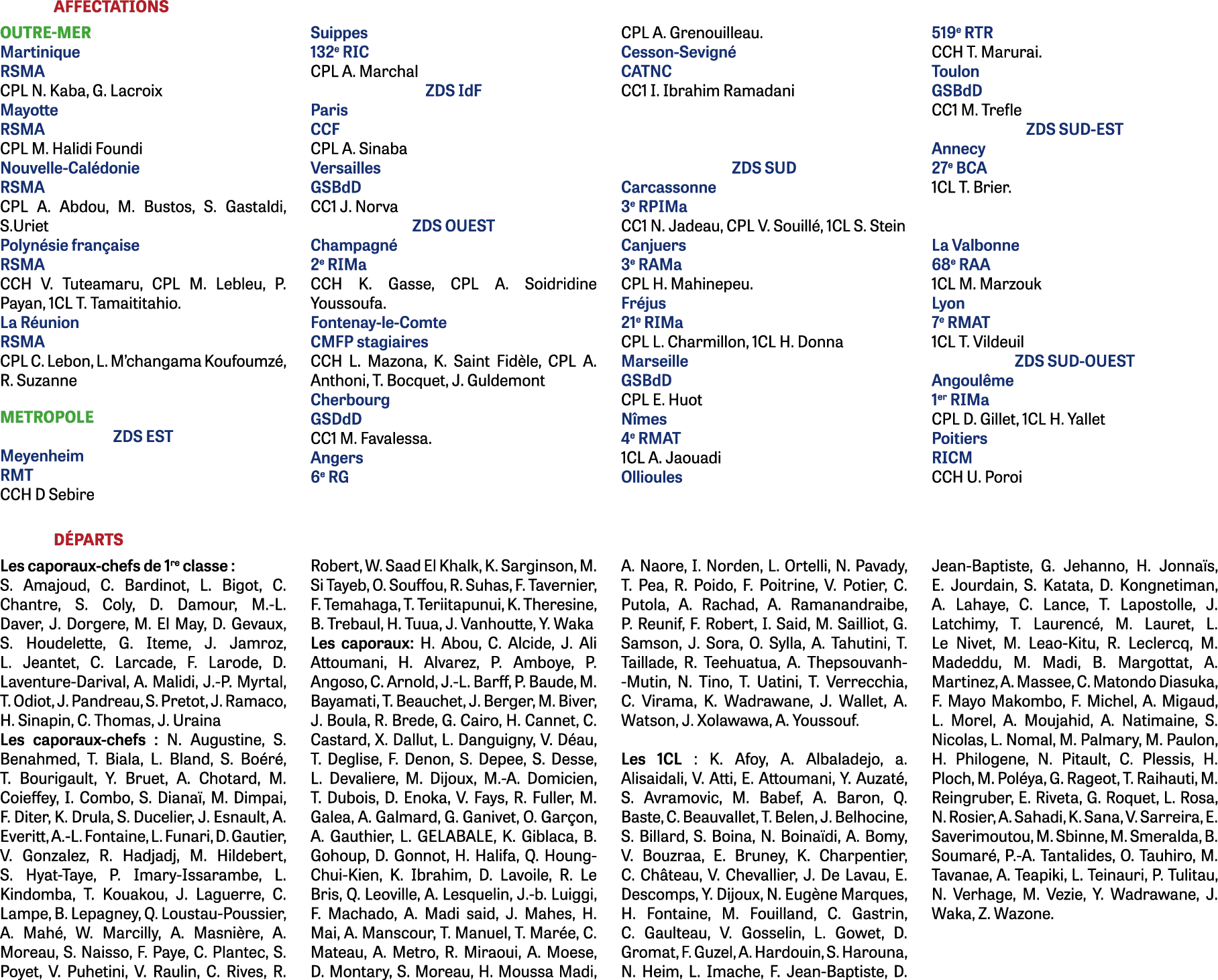 AFFECTATIONS OUTRE-MER Martinique RSMA CPL N. Kaba, G. Lacroix Mayotte RSMA CPL M. Halidi Foundi Nouvelle-Cal donie R...