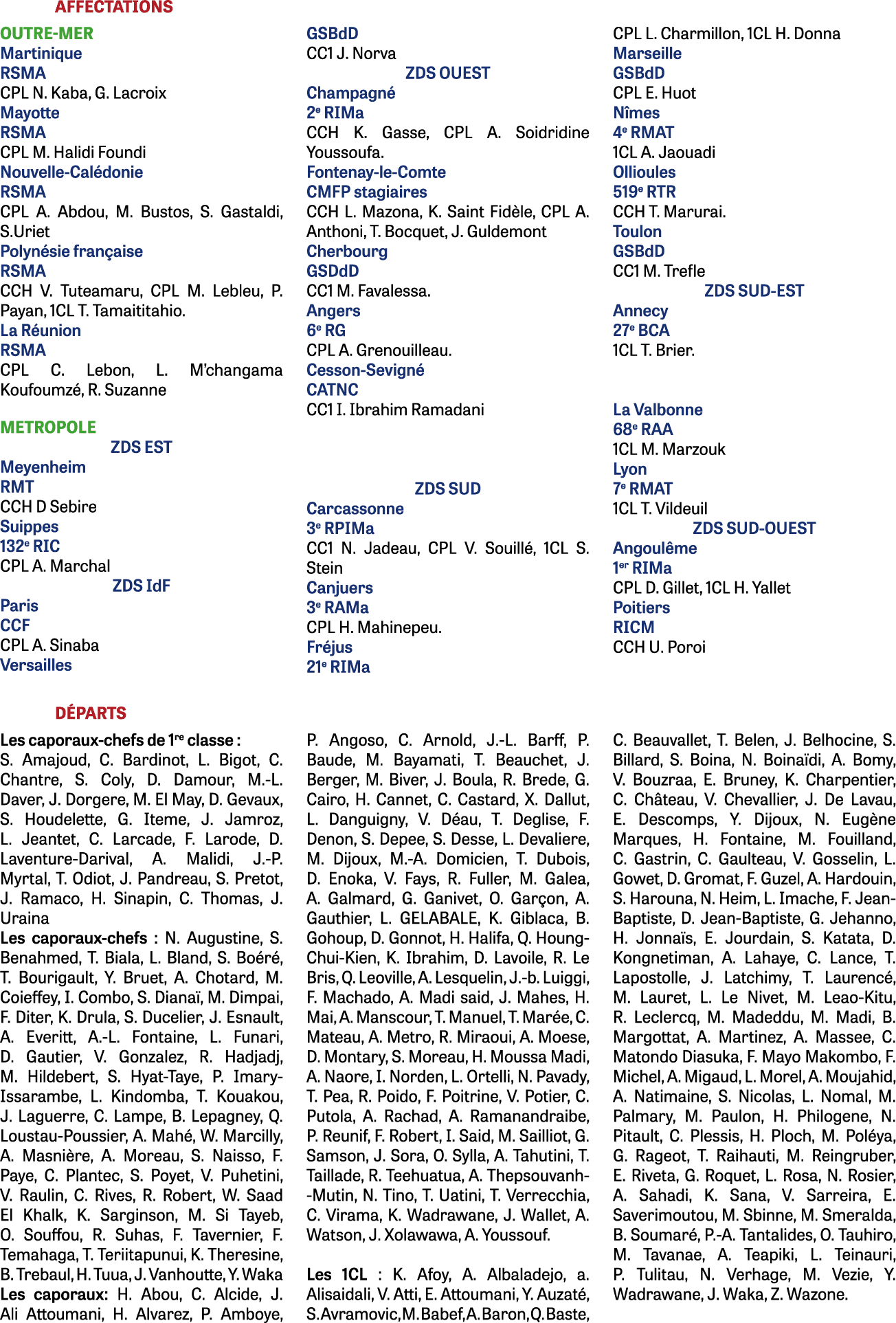 AFFECTATIONS OUTRE-MER Martinique RSMA CPL N. Kaba, G. Lacroix Mayotte RSMA CPL M. Halidi Foundi Nouvelle-Cal donie R...