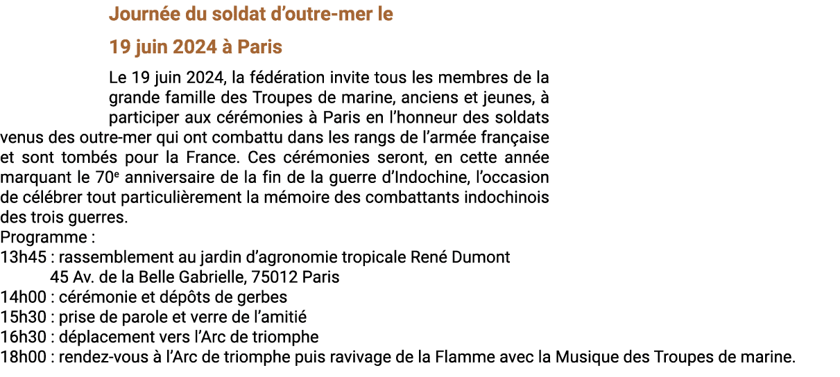 Journ e du soldat d’outre-mer le 19 juin 2024  Paris Le 19 juin 2024, la f d ration invite tous les membres de la gr...