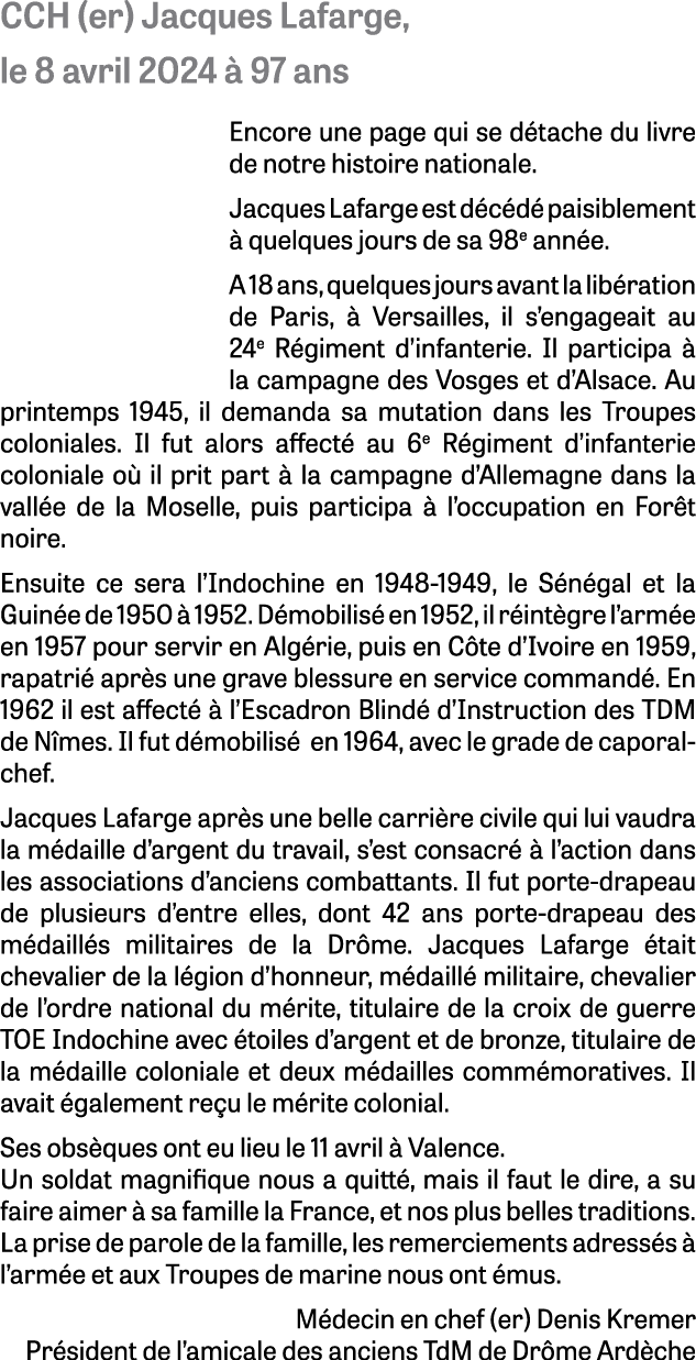CCH (er) Jacques Lafarge, le 8 avril 2024  97 ans Encore une page qui se d tache du livre de notre histoire national...