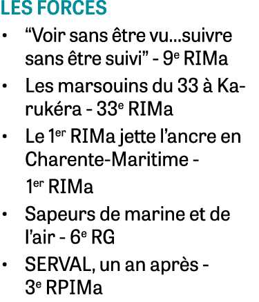 les forces • “Voir sans tre vu…suivre sans  tre suivi” - 9e RIMa • Les marsouins du 33   Karuk ra - 33e RIMa • Le 1e...