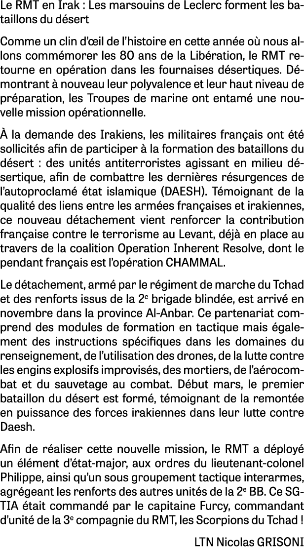 Le RMT en Irak : Les marsouins de Leclerc forment les bataillons du d sert Comme un clin d’ il de l’histoire en cette...