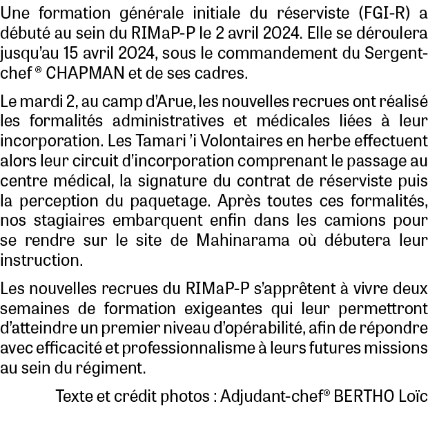 Une formation g n rale initiale du r serviste (FGI-R) a d but au sein du RIMaP-P le 2 avril 2024. Elle se d roulera ...