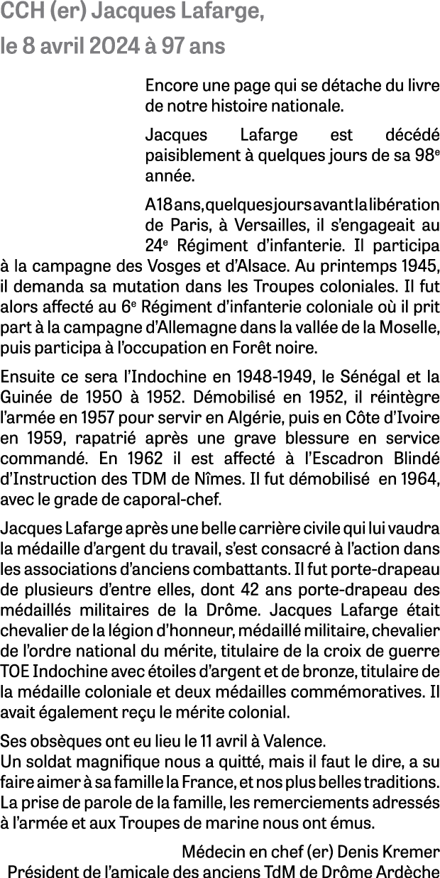 CCH (er) Jacques Lafarge, le 8 avril 2024  97 ans Encore une page qui se d tache du livre de notre histoire national...
