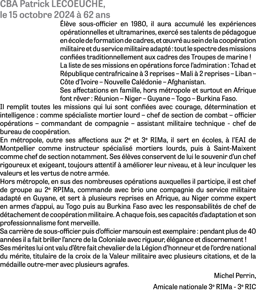 CBA Patrick LECOEUCHE, le 15 octobre 2024  62 ans  l ve sous officier en 1980, il aura accumul  les exp riences op r...