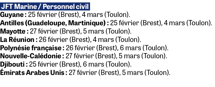 JFT Marine / Personnel civil Guyane : 25 f vrier (Brest), 4 mars (Toulon). Antilles (Guadeloupe, Martinique) : 25 f ...