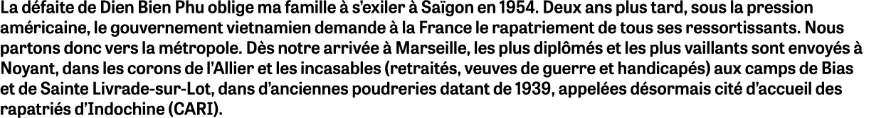 La d faite de Dien Bien Phu oblige ma famille  s’exiler   Sa gon en 1954. Deux ans plus tard, sous la pression am ri...
