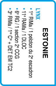 ESTONIE Lynx • 1er RIMa / 1 peloton du 2e escadron • 11e RAMa / 1 DLOC • 6e RG / 1 section 2e CCG • 3e RIMa / 1re Cie...