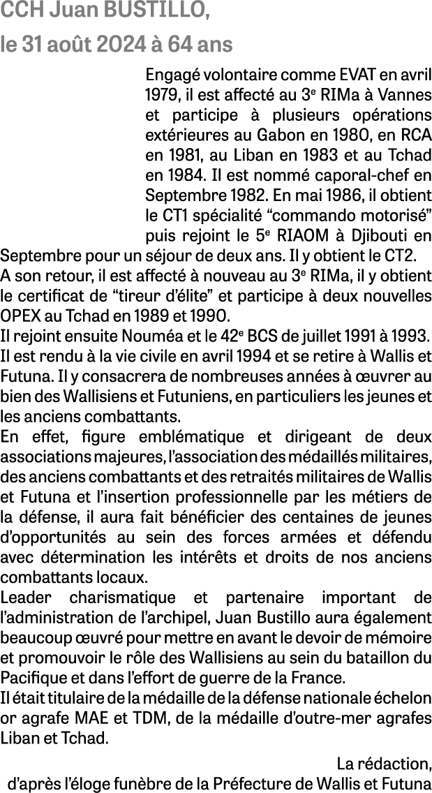 CCH Juan BUSTILLO, le 31 ao t 2024  64 ans Engag  volontaire comme EVAT en avril 1979, il est affect  au 3e RIMa   V...