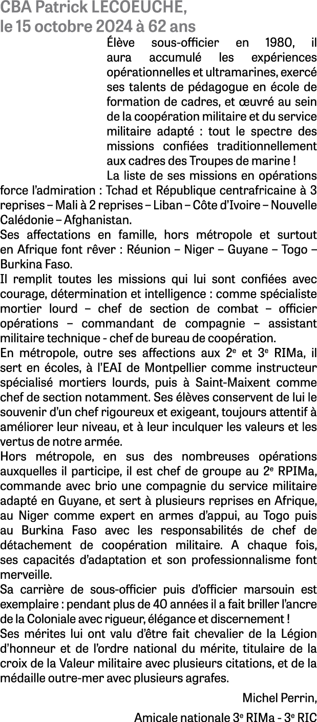 CBA Patrick LECOEUCHE, le 15 octobre 2024  62 ans  l ve sous officier en 1980, il aura accumul  les exp riences op r...
