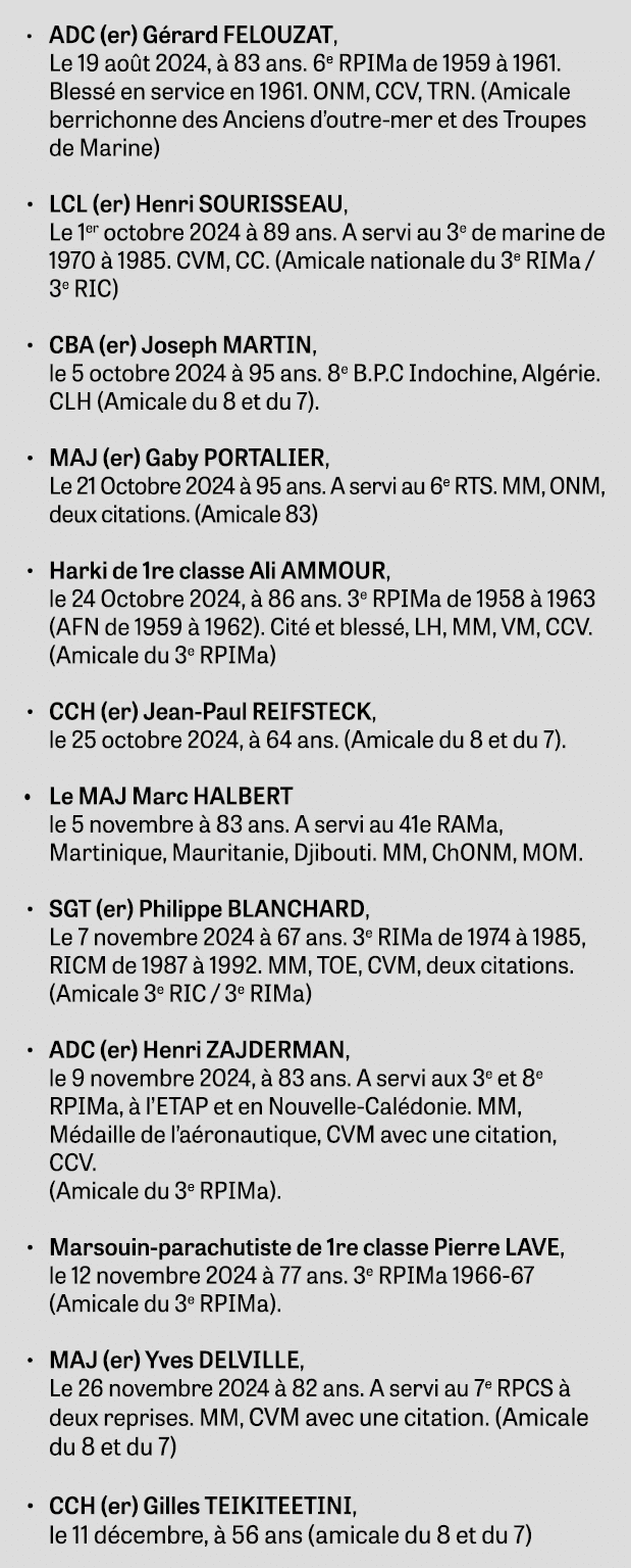 • ADC (er) G rard FELOUZAT, Le 19 ao t 2024,  83 ans. 6e RPIMa de 1959   1961. Bless  en service en 1961. ONM, CCV, ...