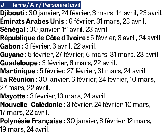  JFT Terre / Air / Personnel civil Djibouti : 30 janvier, 24 f vrier, 3 mars, 1er avril, 23 avril. mirats Arabes Uni...