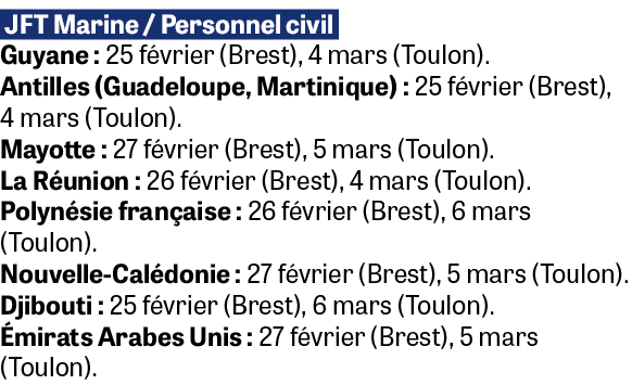 JFT Marine / Personnel civil Guyane : 25 f vrier (Brest), 4 mars (Toulon). Antilles (Guadeloupe, Martinique) : 25 f ...