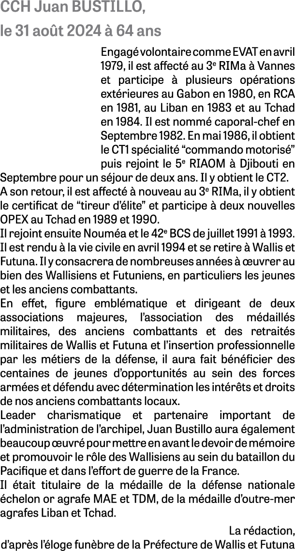 CCH Juan BUSTILLO, le 31 ao t 2024  64 ans Engag  volontaire comme EVAT en avril 1979, il est affect  au 3e RIMa   V...
