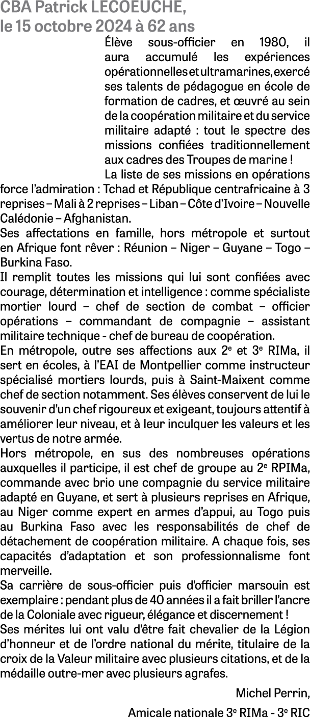 CBA Patrick LECOEUCHE, le 15 octobre 2024  62 ans  l ve sous officier en 1980, il aura accumul  les exp riences op r...
