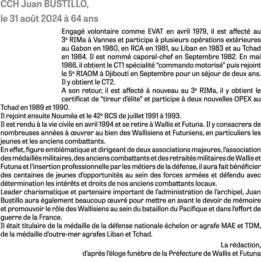 CCH Juan BUSTILLO, le 31 ao t 2024  64 ans Engag  volontaire comme EVAT en avril 1979, il est affect  au 3e RIMa   V...