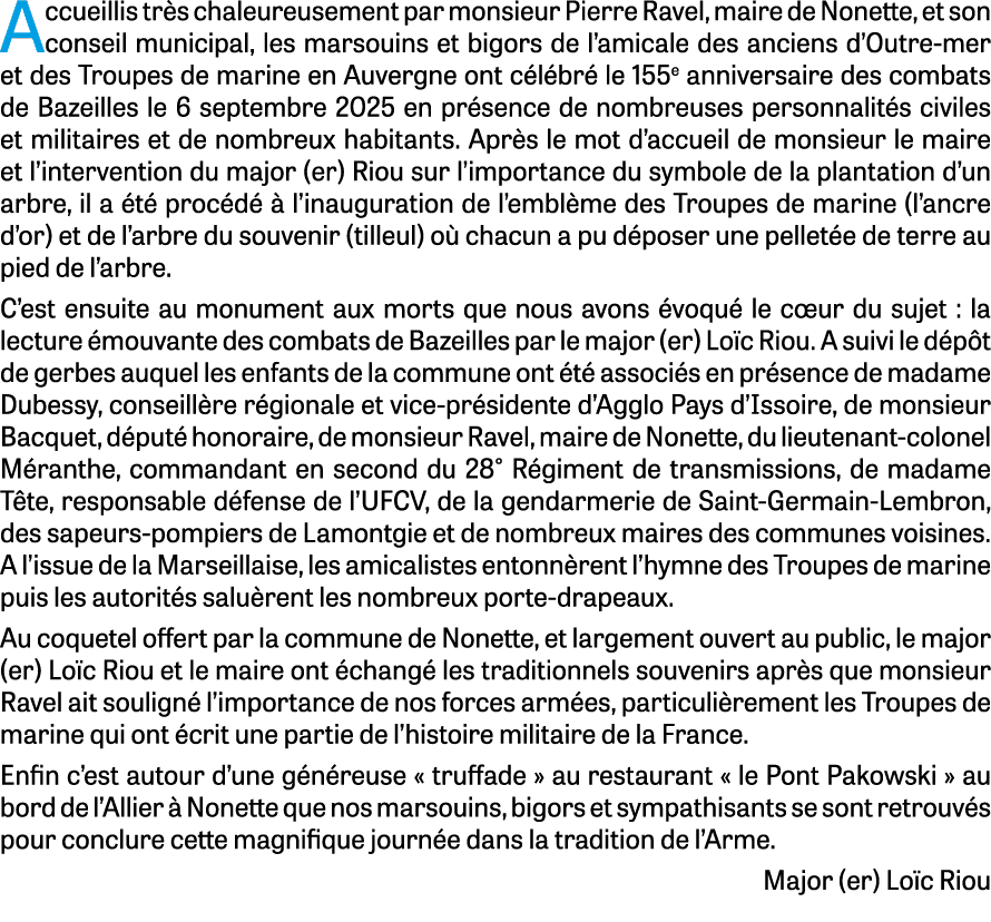 Accueillis tr s chaleureusement par monsieur Pierre Ravel, maire de Nonette, et son conseil municipal, les marsouins ...