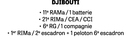 DJIBOUTI • 11e RAMa / 1 batterie • 21e RIMa / CEA / CCI • 6e RG / 1 compagnie • 1er RIMa / 2e escadron + 1 peloton 6e...