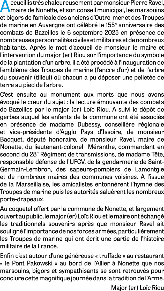Accueillis tr s chaleureusement par monsieur Pierre Ravel, maire de Nonette, et son conseil municipal, les marsouins ...