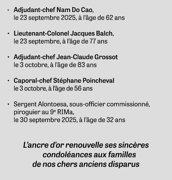 • Adjudant chef Nam Do Cao, le 23 septembre 2025,  l’ ge de 62 ans • Lieutenant Colonel Jacques Balch, le 23 septemb...