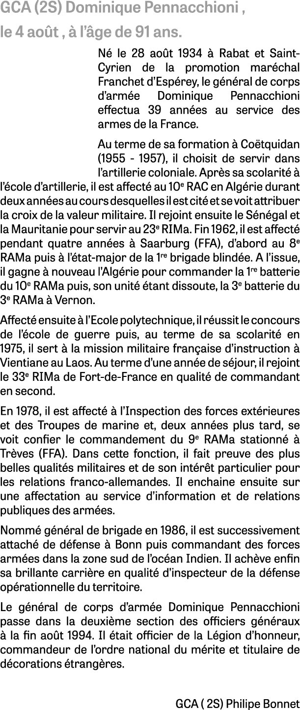 GCA (2S) Dominique Pennacchioni , le 4 ao t ,  l’ ge de 91 ans. N  le 28 ao t 1934   Rabat et Saint Cyrien de la pro...